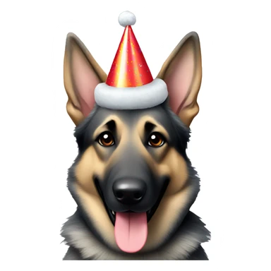 Grey German shepherd smiling and wearing a party hat sticker