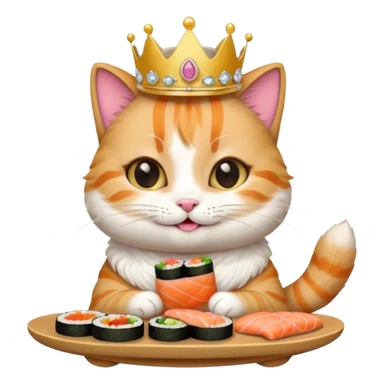 princess cat eating sushi, smiling, sushi in paw, tiny tiara, emoji style sticker