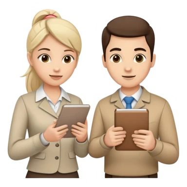 Two team members facing each other, one holding a notepad and the other gesturing, in a collaborative pose sticker