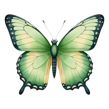 A minimalist watercolor illustration of a butterfly with green hues and fine details, set against a soft beige canvas.
 sticker