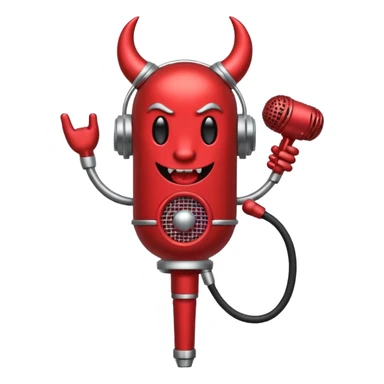 Minimalist emoji-style sticker of a classic retro microphone with small devil horns and a subtle tail wrapping the base. Grayscale with slight red accents.
 sticker