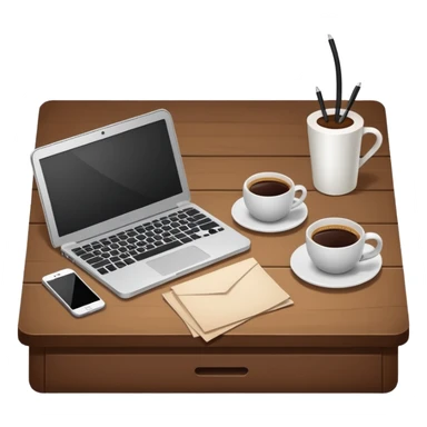 emoji of a cozy desk with a paper, a single coffee, and a laptop on it sticker