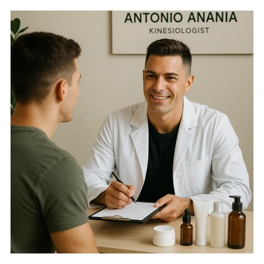 Create a realistic image of a young man visiting Antonio Anania, a kinesiologist, for a kinesiology consultation about cosmetic products. Antonio Anania should resemble the person in the reference photo. Show a professional and positive studio scene with visible cosmetic products. sticker