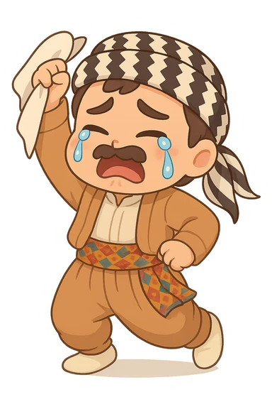 Create a chibi Kurdish cartoon sticker based on the reference image, showing a crying (sad) expression, with a transparent background. sticker