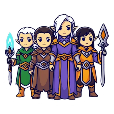 Lineage 2 female characters with Human mystic, Elven ranger, female Dwarf artisan, and Dark Elf sorceress sticker