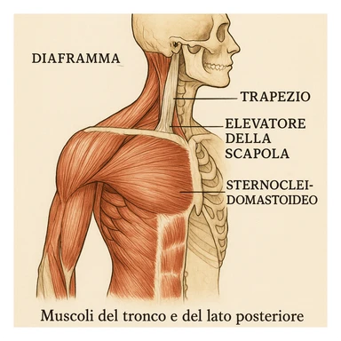 illustrazione anatomica con etichette in italiano di diaframma, trapezio, elevatore della scapola, sternocleidomastoideo, didascalia in italiano sticker