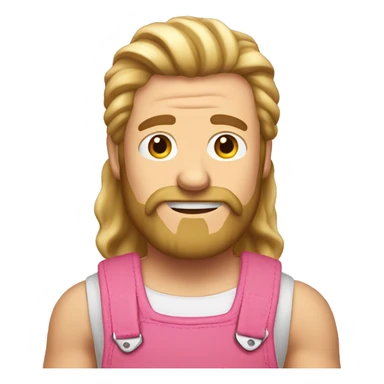 A man with long blonde hair, sideburns wearing a sleeveless pink pair of dungarees and hairy shoulders no beard  sticker