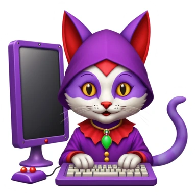 crazy colorful cute little cat jolly joker from poker, medieval, vintage, court jester, mac os icon, purple and red color, half body. The cat is inside a retro computer terminal sticker