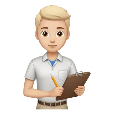 intern or volunteer holding a clipboard and pencil, ready to take notes or assist. The character wears a simple shirt and has an eager posture sticker