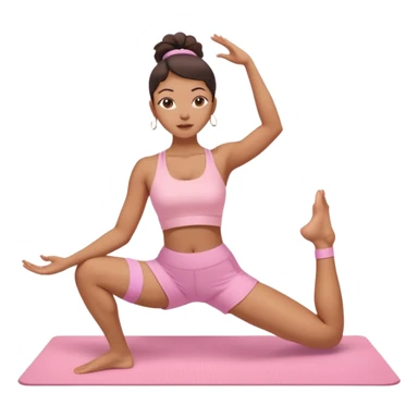 Mixed-race woman with caramel skin, slim thick silhouette, wearing pastel pink workout shorts and top, stretching on a yoga mat sticker