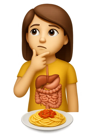 donna che guarda pensierosa con intestino in evidenza un piatto di pasta, stile emoji iphone, iperrealistico 4k sticker
