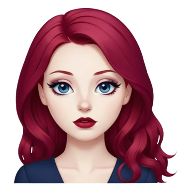 pretty baddie, wine red hair, cute lips, pale skin, long hair, dark blue eyes, bold black eyeliner sticker