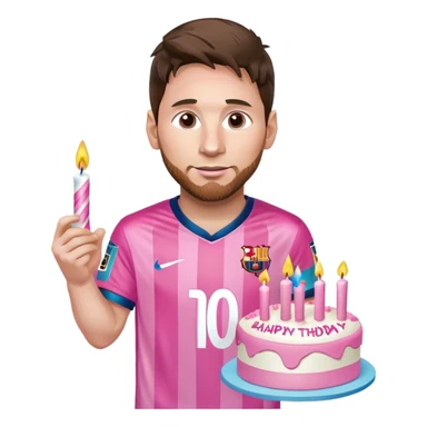 Lionel Messi wearing his jersey holding a pink pretty birthday cake sticker