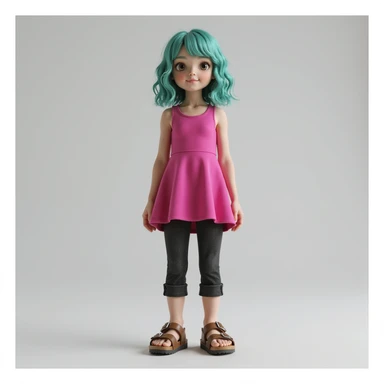 a realistic girl with teal hair, wearing a hot pink dress, black jeans, and brown birkenstocks, full body, photorealistic, natural lighting sticker