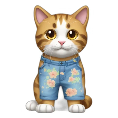 Purradise Meowscles is a buff calico cat  he has a mullet, a floral designed t shirt that is unbuttoned and blue and white stripped shorts sticker
