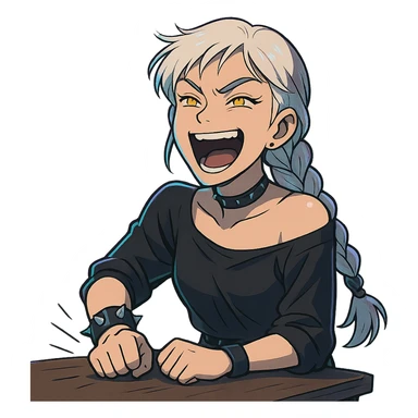  she is laughing outrageously and pounding her fist on the table, eyebrows pointed up, a closeup portrait of young woman with gold yellow eyes, white hair, long braid, black off-shoulder top, punk gothic style, futuristic cyberwave cyberpunk, sitting position
 sticker