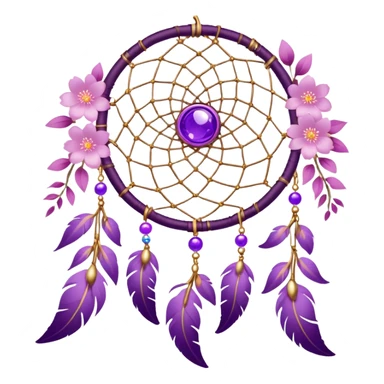 A white-framed Dreamcatcher. with purple-round-orbs, gold-rings hanging down. purple flowers, pink sakura flowers, sticker