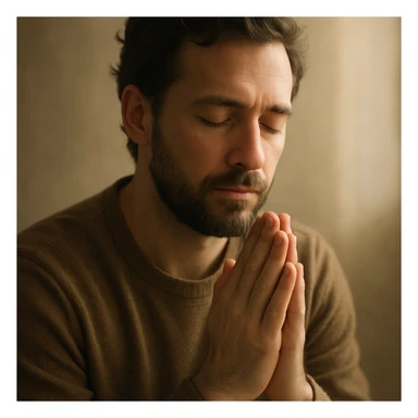 a man with closed eyes and folded hands, praying to God, soft light, serene mood sticker