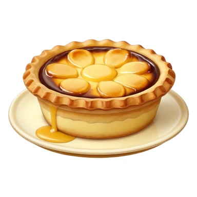 Create an emoji-style illustration of a Portuguese Pastel de Nata. It should be a small, individual custard tart with a flaky, layered puff-pastry crust and a glossy yellow custard center with dark caramelized spots on top. Do NOT make a full pie or slice only a single small tart sticker