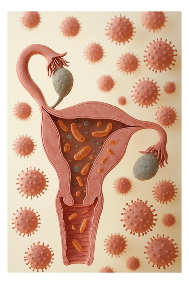 utero umano realistico con batteri della candida intorno, la foto si deve vedere per intero in formato verticale, sullo sfondo neutro chiaro ci sono batteri della candida, iperrealistico 4k sticker