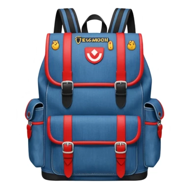 a blue denim backpack with a flap top, two vertical black buckle straps on the front. The backpack has two side pockets and a soft square shape. at front view bottom pocket, red and white two divided logo 

 sticker
