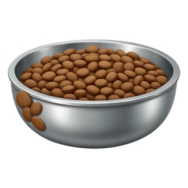 A shallow silver metal bowl with deep brown flat a rounded kibbles sticker