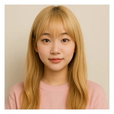 Korean girl with long blond hair and bangs, cute style, plain background sticker