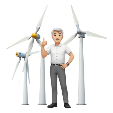 an older white man with grey hair and a white shirt and black pants doing a thumbs up pose, standing next to a single silver wind turbine sticker