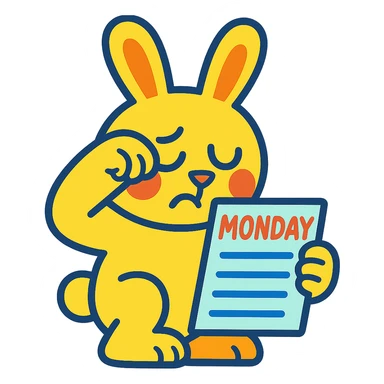 yellow bunny holding Monday memo while rubbing eyes, vibrant toon style, bright colors sticker