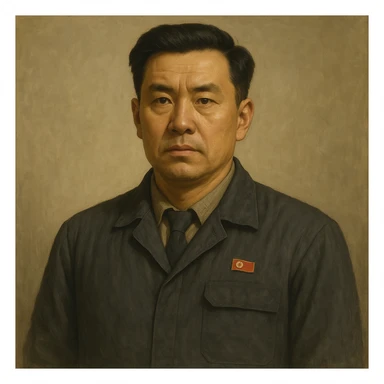Official portrait of a North Korean man, head of the hull production workshop at a shipyard, serious and formal style, engineer's clothes, neutral background, confident and focused expression, style inspired by Soviet and North Korean official portraits, with a different face sticker