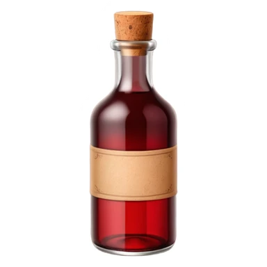 dark glass bottle with deep red hue visible through the glass, capped with cork or simple screw cap, plain or lightly detailed label, classic and slightly robust shape, no glass, pour, or branding, soft lighting, subtle shadows, emoji scale sticker