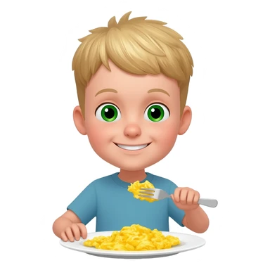 Use the same 3 year old blonde boy with green-blueish as before eyes happy eating scrambled eggs on a plate for breakfast sticker