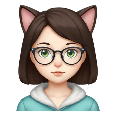 Anime, cat-lady, dark brown hair, square glasses, hazel-green-blue eyes, pale ski, sticker