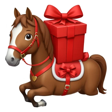 a New Year's horse with a red saddle, which has a red gift box with a white bow on the saddle sticker