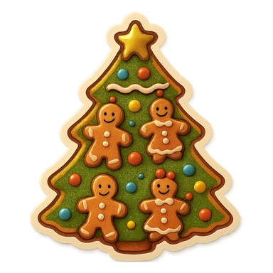 gingerbread tree with ornaments shaped like little people representing family, whimsical style sticker
