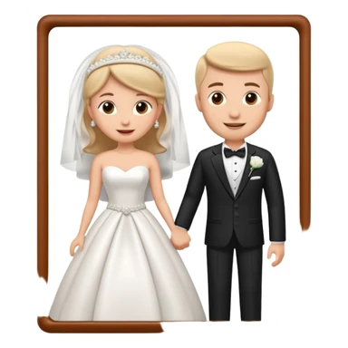 A 3D cartoon wedding advertisement poster hanging on a wall, with bride and groom illustration, visible border, flat lighting, Memoji-style. sticker