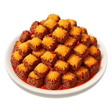 spicy fried minced meat dish object icon, minced meat cooked with chili flakes, red spicy oil, crispy texture, 3D cartoon, mobile game icon style, clean background, no text, no watermark
  sticker