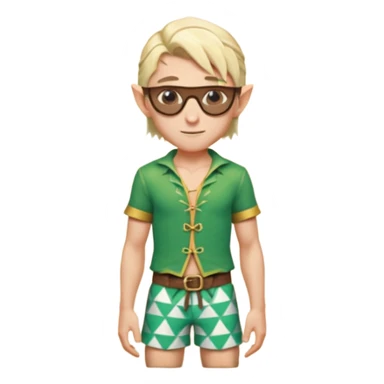 elf male legolas portrait, patterned board shorts (geometric/abstract), unique wooden-framed sunglasses, undercut hairstyle, slight smirk, visible pointy ears, no background, centered emoji, hipster summer vibe sticker