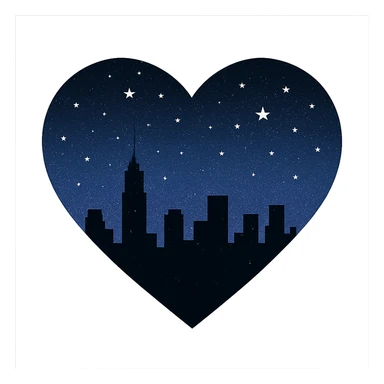 heart with a silhouette of a city skyline at midnight, starry sky above sticker