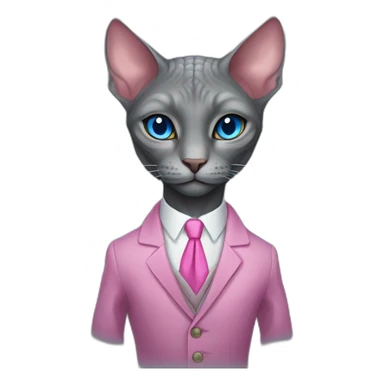 reptilian sphinx dark grey cat with blue eyes wearing pink suit, portrait sticker