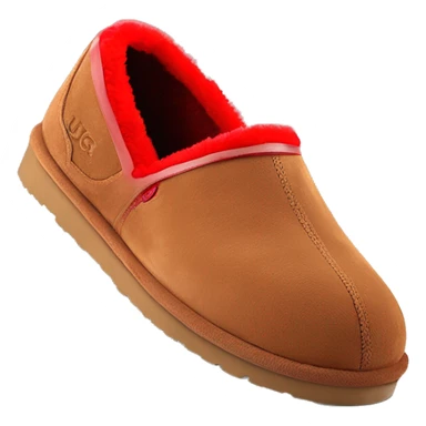 Chestnut brown suede slip-on slippers with a rounded toe, red zig-zag trim, a red heel pull tab, and a thick brown rubber sole. “UGG” logo embossed on the side. sticker