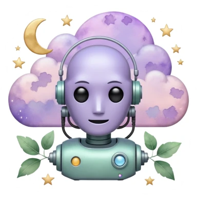 watercolor-style emoji of a robot head silhouette with “AI” inside a lilac cloud, connected to a soft circuit shape. gentle pastel palette (sage green, blush, lilac), surrounded by leaves, moon, and stars — poetic and calm aesthetic. sticker