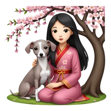 A young Chinese girl with long black hair and a dark grey Italian Greyhound with absolutely no white marks on its body or nose sitting under a cherry blossom tree sticker