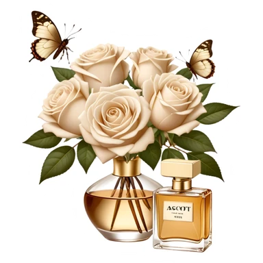 A bouquet of white Ascott tea roses next to a beige aesthetic and a brown beautiful butterfly and a gold silk ribbon and a beautiful flacon of aesthetically pleasing vintage-style perfume in pearl color sticker