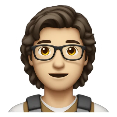 male engineer with white skin, dark brown straight hair spreaded from middle, brown eyes, circular glasses sticker