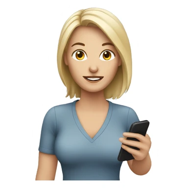 white woman holding phone to viewer. sticker
