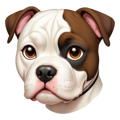 Cinematic Cute Black and White American Bulldog Portrait Emoji, Head tilted playfully and inquisitively, smooth fur with a bold black and white pattern, round, sparkling brown eyes filled with curiosity, Simplified yet irresistibly adorable features, highly detailed, glowing with a warm, friendly glow, high shine, affectionate and lively, stylized with a touch of whimsy, bright and endearing, soft glowing outline, capturing the essence of a mischievous yet loving pup, so playful it feels like it could bound out of the screen and into your arms! sticker