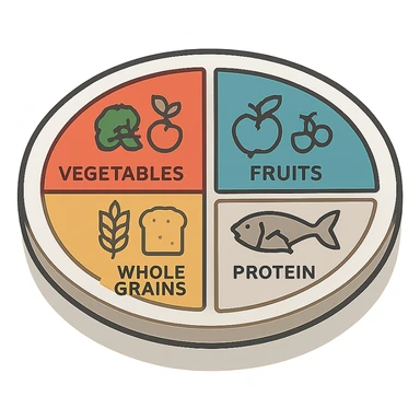 Harvard Healthy Eating Plate divided into 4 sectors labeled in English: 'Vegetables', 'Fruits', 'Whole Grains', 'Protein', colored sectors, modern infographic, transparent background sticker