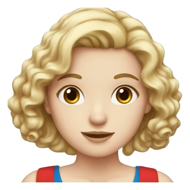 White girl with blue dress and wavy hair red sticker