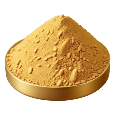 small mound or light scatter of fine golden-beige powder with slightly crystalline texture and dry matte finish, tiny uniform grains, neutral dissolvable ingredient, no spoon or packaging, soft lighting, subtle shadows, emoji scale sticker